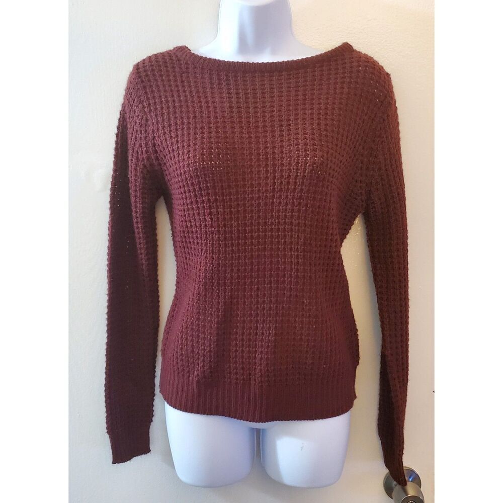 Ambiance Apparel Women's Waffle Knit Sweater Small Burgundy Criss-cross Back